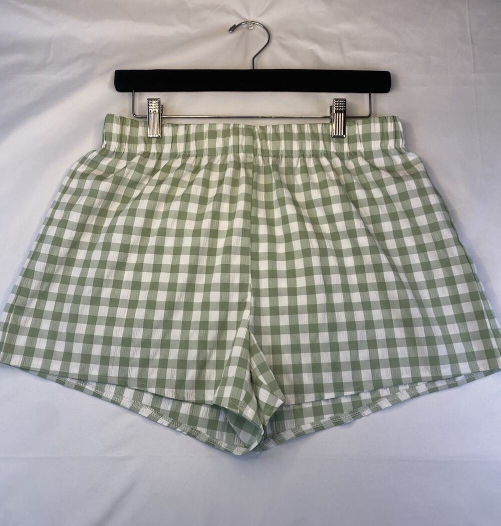 SHEIN Gingham Seersucker Pull On Shorts Green/White Elastic Waist Size L